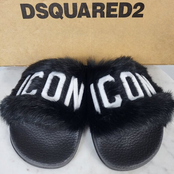 NWB~$825~DSQUARED2~7.5/8~ICON BLACK WHITE GENUINE  RABBIT FUR SANDALS SLIDES - Picture 16 of 16